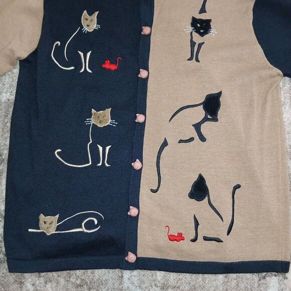 Cat Lover Knit Cardigan & Scarf Set Applique Embroidery | Black Tan | Size M... - Picture 13 of 16